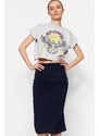 Trendyol Navy Blue Shirred Detail Fitted/Simple High Waist Midi Pencil Stretch Knitted Skirt