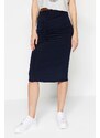 Trendyol Navy Blue Shirred Detail Fitted/Simple High Waist Midi Pencil Stretch Knitted Skirt
