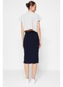 Trendyol Navy Blue Shirred Detail Fitted/Simple High Waist Midi Pencil Stretch Knitted Skirt