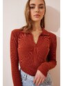 Happiness İstanbul Women's Tile Polo Collar Corduroy Knitted Blouse