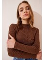 Happiness İstanbul Women's Brown Cream 2-Pack Ribbed Turtleneck Crop Knitted Blouse