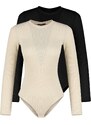 Trendyol 2-Pack Black-Beige Long Sleeve Knitted Underwear With Snap Lining Body