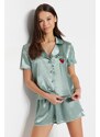 Trendyol Mint Embroidered Satin Shirt-Shorts Woven Pajama Set