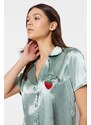 Trendyol Mint Embroidered Satin Shirt-Shorts Woven Pajama Set