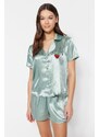 Trendyol Mint Embroidered Satin Shirt-Shorts Woven Pajama Set