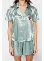 Trendyol Mint Embroidered Satin Shirt-Shorts Woven Pajama Set