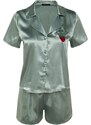 Trendyol Mint Embroidered Satin Shirt-Shorts Woven Pajama Set