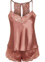 Trendyol Salmon Lace Detailed Satin Undershirt-Shorts Woven Pajamas Set