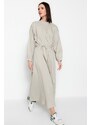 Trendyol Gray Belted Shirring Detail Wide Fit Woven Dress