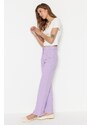 Trendyol Lilac Rovné žebrované prošívané tkané kalhoty s vysokým pasem