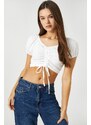 Koton Crop T-Shirt Balloon Sleeves Shirred Detail V-Neck