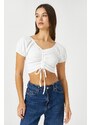 Koton Crop T-Shirt Balloon Sleeves Shirred Detail V-Neck