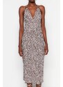 Trendyol Brown Floral Pattern Halter Neck Accessory Detailed A-Line Maxi Knitted Dress