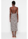 Trendyol Brown Floral Pattern Halter Neck Accessory Detailed A-Line Maxi Knitted Dress