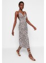 Trendyol Brown Floral Pattern Halter Neck Accessory Detailed A-Line Maxi Knitted Dress