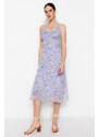 Trendyol Lilac Midi tkané lemované květinový vzor tkané šaty