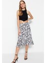 Trendyol Knitted Black Midi Skirt With Ruffles and Animal Patterns