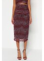 Trendyol Claret Red Printed Tulle Fitted High Waist Lined Midi Skirt