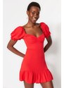 Trendyol červené vypasované mini tkané řasené plážové šaty