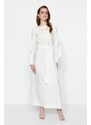 Trendyol White Wide Belted Zipper Cuff Woven Linen Look Dress