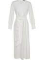 Trendyol White Wide Belted Zipper Cuff Woven Linen Look Dress