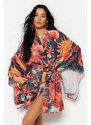 Trendyol Tropical Patterned Belted Mini Woven Kimono & Caftan