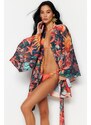 Trendyol Tropical Patterned Belted Mini Woven Kimono & Caftan