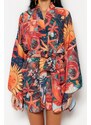 Trendyol Tropical Patterned Belted Mini Woven Kimono & Caftan