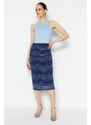 Trendyol Navy Blue Printed Tulle Fitted High Waist Lined Midi Skirt