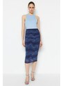 Trendyol Navy Blue Printed Tulle Fitted High Waist Lined Midi Skirt