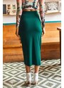 Olalook Women's Emerald Green Slit Drape Detailed Zippered Midi Sandy Skirt