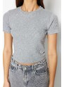 Trendyol Gray Melange Stone Detail Fitted/Situated Crew Neck, Flexible Knitted Cotton T-Shirt