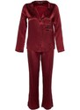 Trendyol Burgundy New Year Themed Embroidered Satin Shirt-Pants Woven Pajama Set