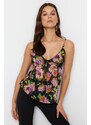 Trendyol Black Floral Patterned Straps Lined Stretch Tulle Knitted Blouse