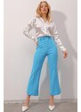 Trend Alaçatı Stili Women's Turquoise Blue Stitching at the Front Woven Collar Trousers