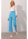 Trend Alaçatı Stili Women's Turquoise Blue Stitching at the Front Woven Collar Trousers