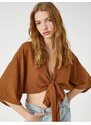 Koton Crop Kimono with Wide Sleeves with Tie Front Detail
