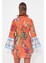 Trendyol Floral Pattern Belted Mini-Weave 100% Cotton Kimono & Caftan