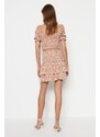 Trendyol Pink Floral Skirt With Ruffle High Waist Crisp Mini Knitted Skirt