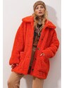 Trend Alaçatı Stili Women's Orange Polo Collar Double Pocketed Plush Coat