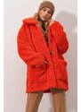 Trend Alaçatı Stili Women's Orange Polo Collar Double Pocketed Plush Coat