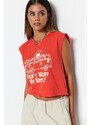 Trendyol Red 100% Cotton Printed Sleeveless Crop Crew Neck Knitted T-Shirt