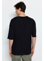 Trendyol Černá Pánské Oversize / Široký střih 100% bavlna Tričkový výstřih Krátký rukáv Tričko s kapsami