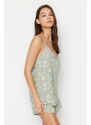 Trendyol Light Green Floral Patterned Undershirt-Shorts Woven Pajama Set