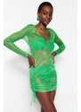 Trendyol zelené vypasované mini tkané nabírané síťované plážové šaty