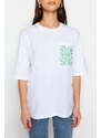 Trendyol White 100% Cotton Embroidered Pocket Detailed Relaxed/Wide Comfortable Cut Crew Neck T-Shirt