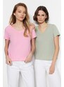 Trendyol Pink-Mint 100% Cotton 2-Pack Basic V-Neck Knitted T-Shirt