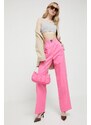 Kalhoty s příměsí lnu Love Moschino růžová barva, high waist