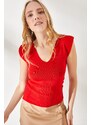 Olalook Women's Red Knitwear With Shoulders And Skirt Detailed Front Back V-Shirt
