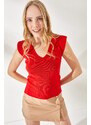 Olalook Women's Red Knitwear With Shoulders And Skirt Detailed Front Back V-Shirt